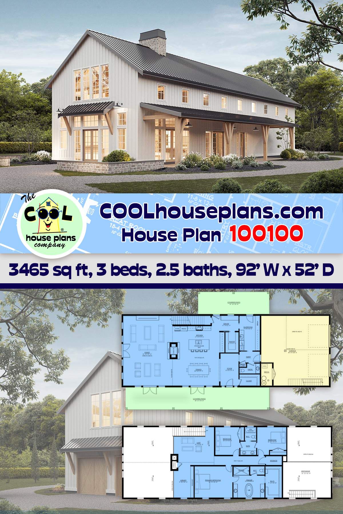 Barndominium, Country, Craftsman, Farmhouse House Plan 100100 with 3 Beds, 3 Baths, 2 Car Garage