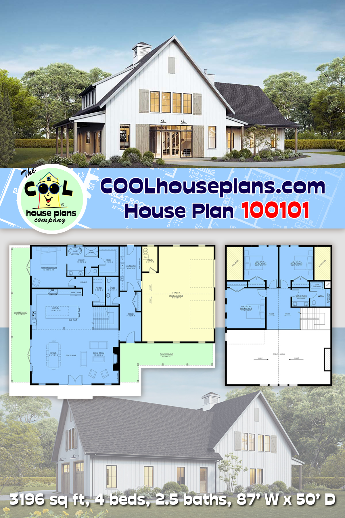 Farmhouse House Plan 100101 with 4 Beds, 3 Baths, 2 Car Garage