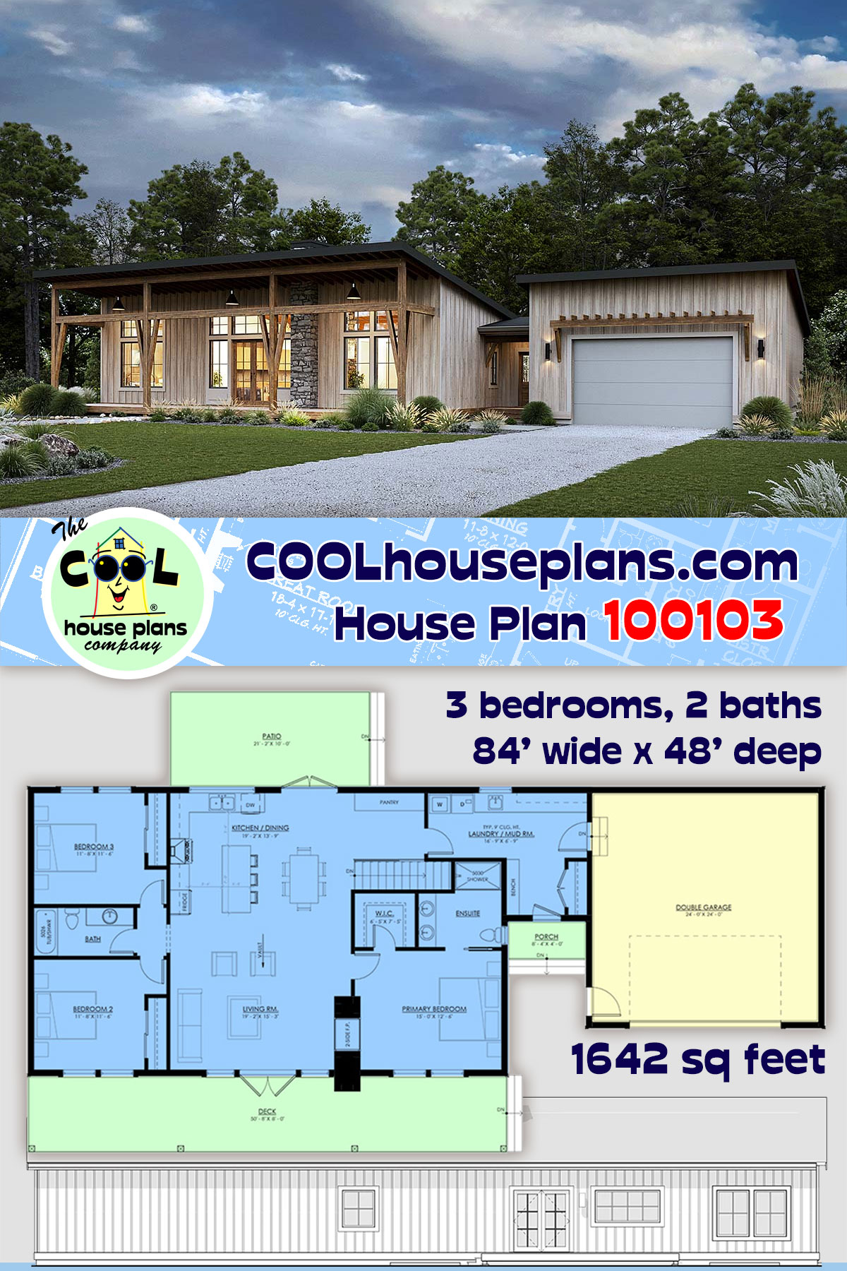 Country, Modern, Ranch House Plan 100103 with 3 Beds, 2 Baths, 2 Car Garage