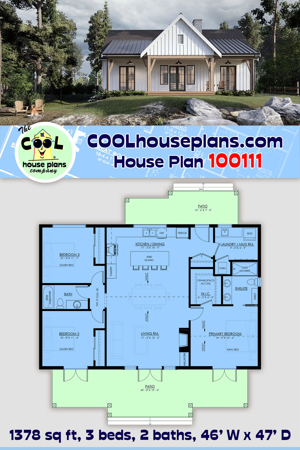 Country, Farmhouse House Plan 100111 with 3 Beds, 2 Baths
