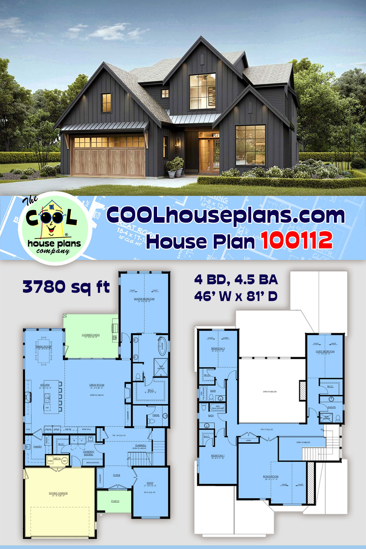Contemporary, Country, Farmhouse House Plan 100112 with 4 Beds, 5 Baths, 2 Car Garage