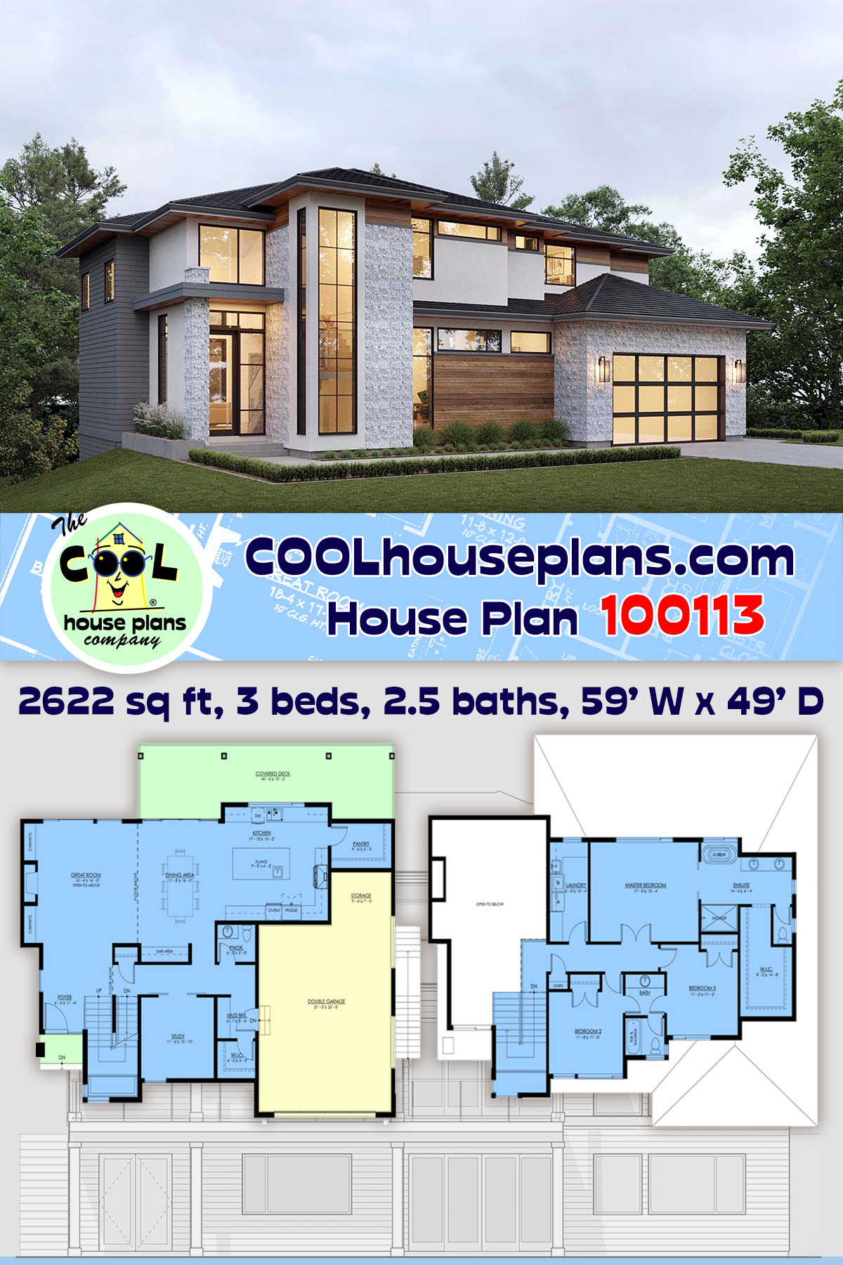 Contemporary, Modern House Plan 100113 with 3 Beds, 3 Baths, 2 Car Garage