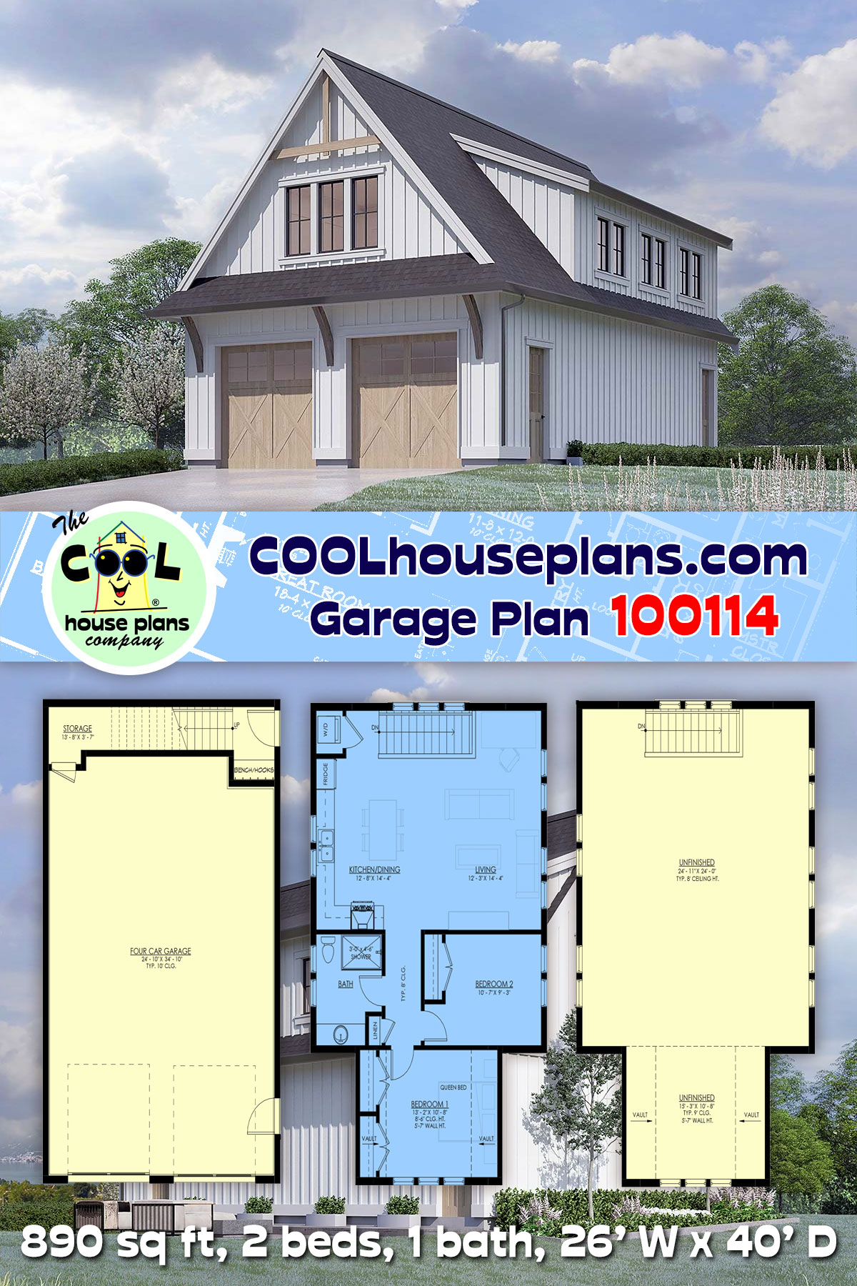 Country, Farmhouse Garage-Living Plan 100114 with 2 Beds, 1 Baths, 2 Car Garage