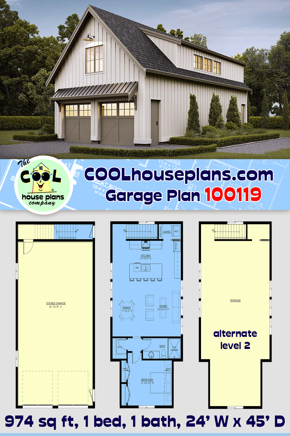 Craftsman, Farmhouse, Traditional Garage-Living Plan 100119 with 1 Beds, 1 Baths, 2 Car Garage