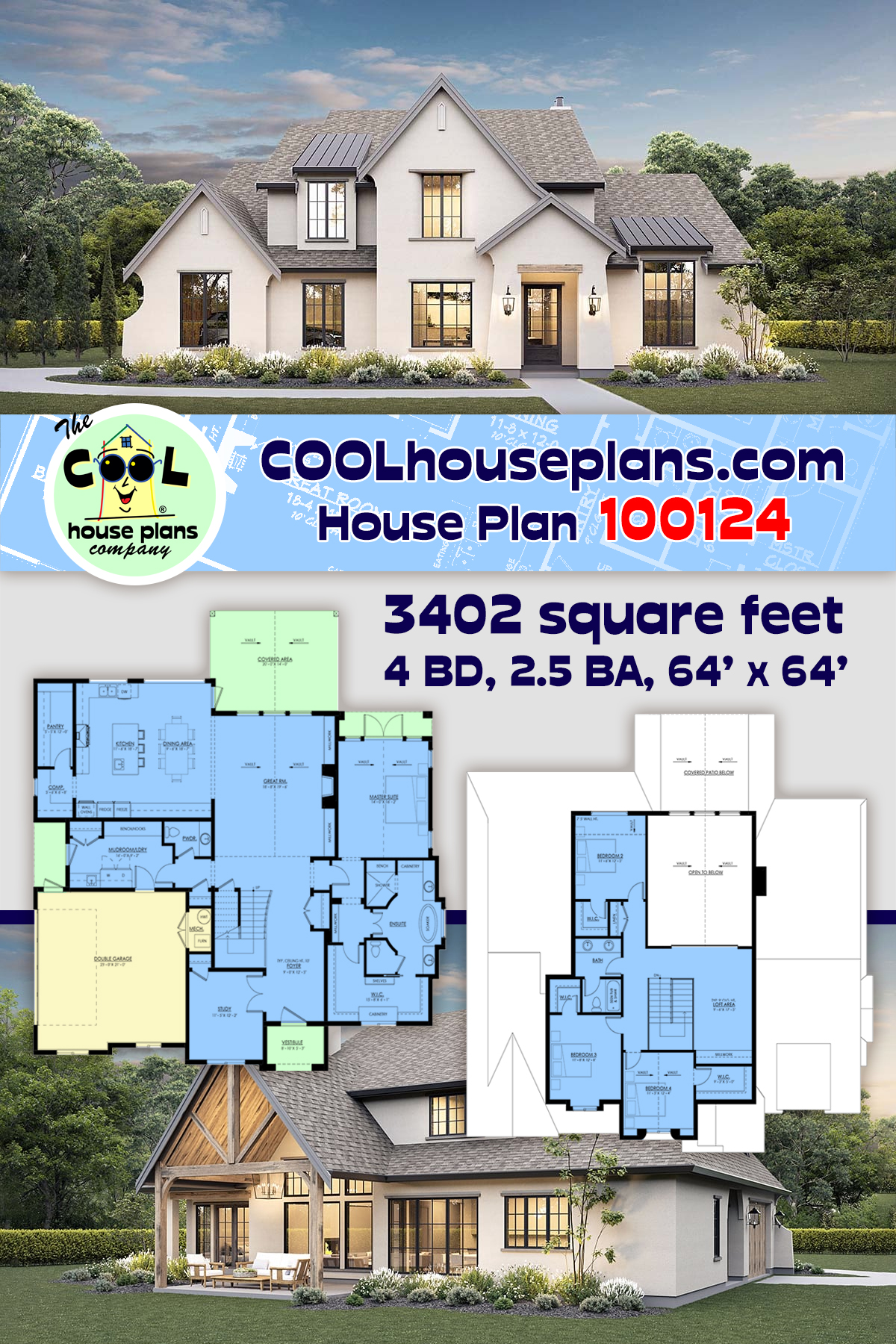 Contemporary, European, Farmhouse, Traditional House Plan 100124 with 4 Beds, 3 Baths, 2 Car Garage