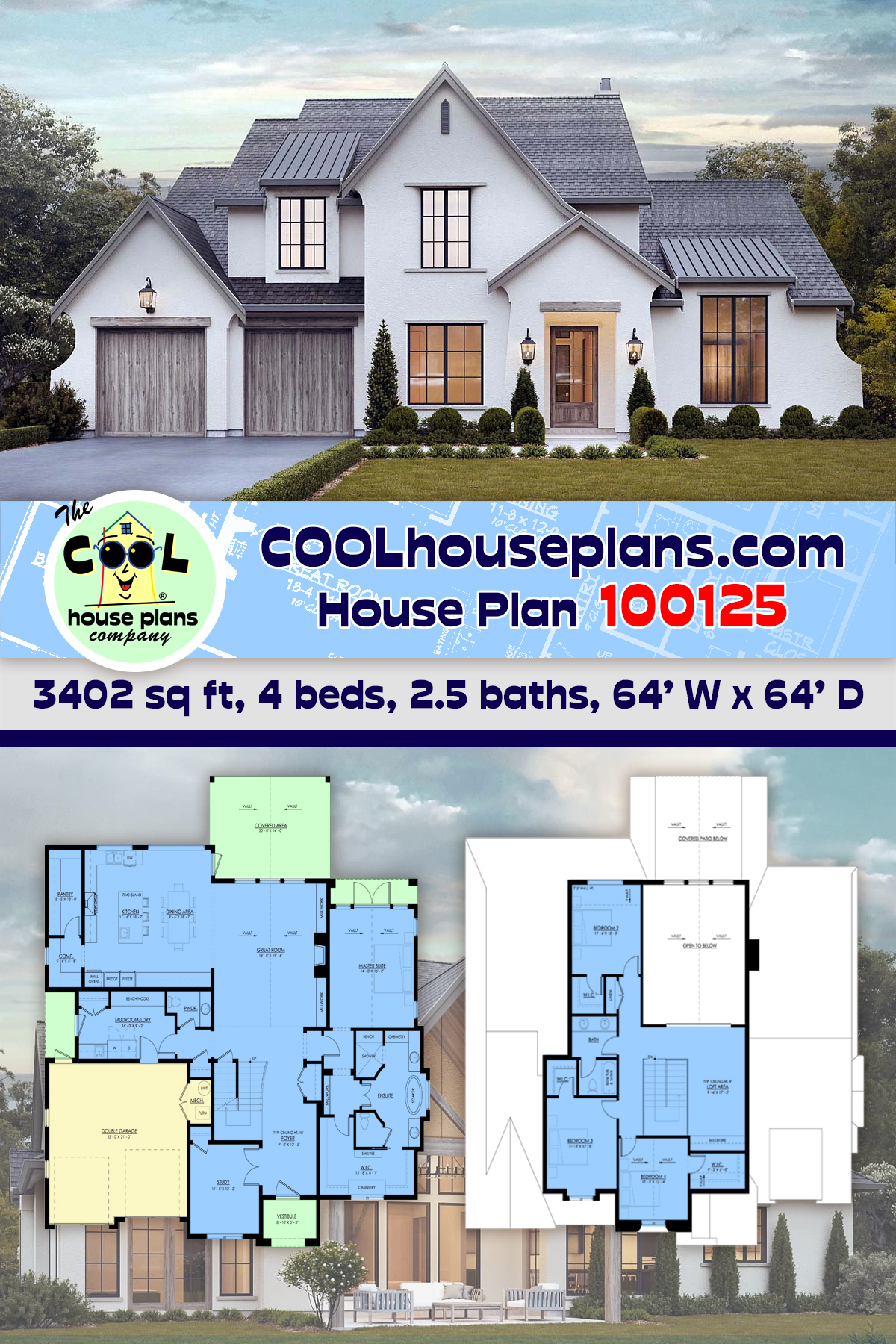 Contemporary, European, Farmhouse, Traditional House Plan 100125 with 4 Beds, 3 Baths, 2 Car Garage