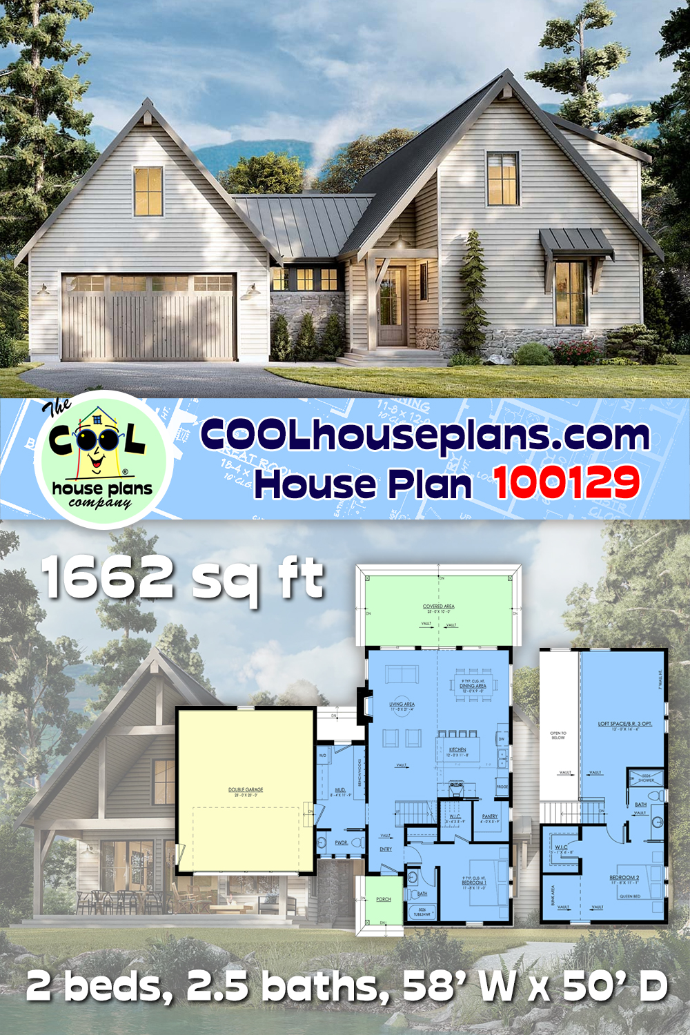 Cottage, Country, Farmhouse House Plan 100129 with 2 Beds, 3 Baths, 2 Car Garage