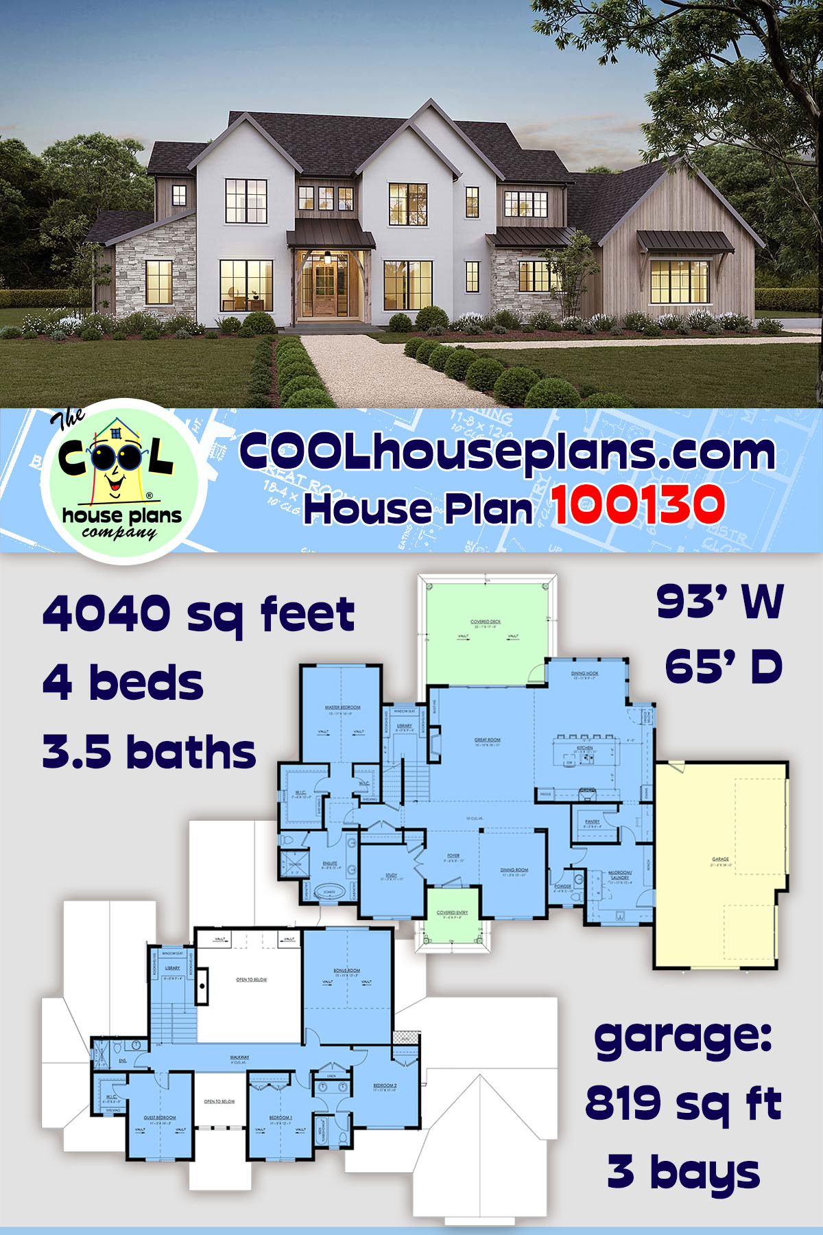 Contemporary, Country, Farmhouse House Plan 100130 with 4 Beds, 4 Baths, 3 Car Garage