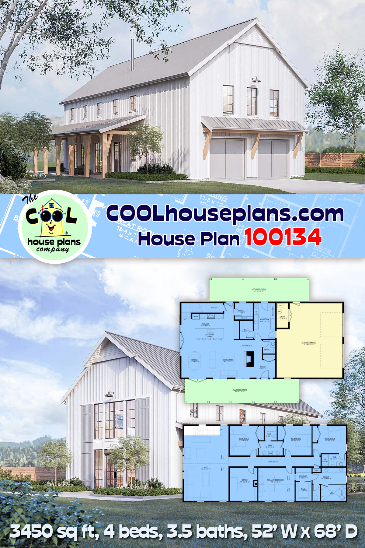 Barndominium, Country, Farmhouse House Plan 100134 with 4 Beds, 4 Baths, 2 Car Garage