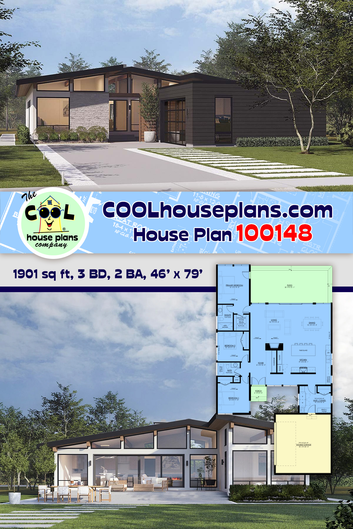 Contemporary, Modern House Plan 100148 with 3 Beds, 2 Baths, 2 Car Garage