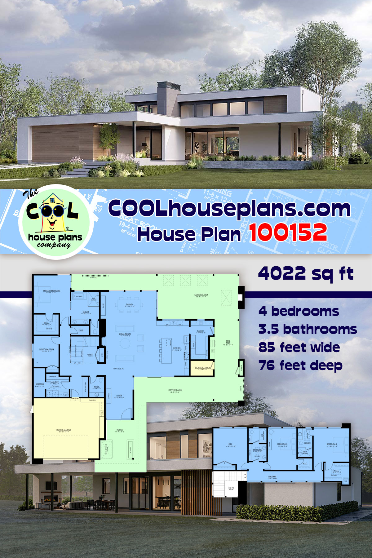 Coastal, Contemporary, Florida, Modern House Plan 100152 with 4 Beds, 4 Baths, 2 Car Garage