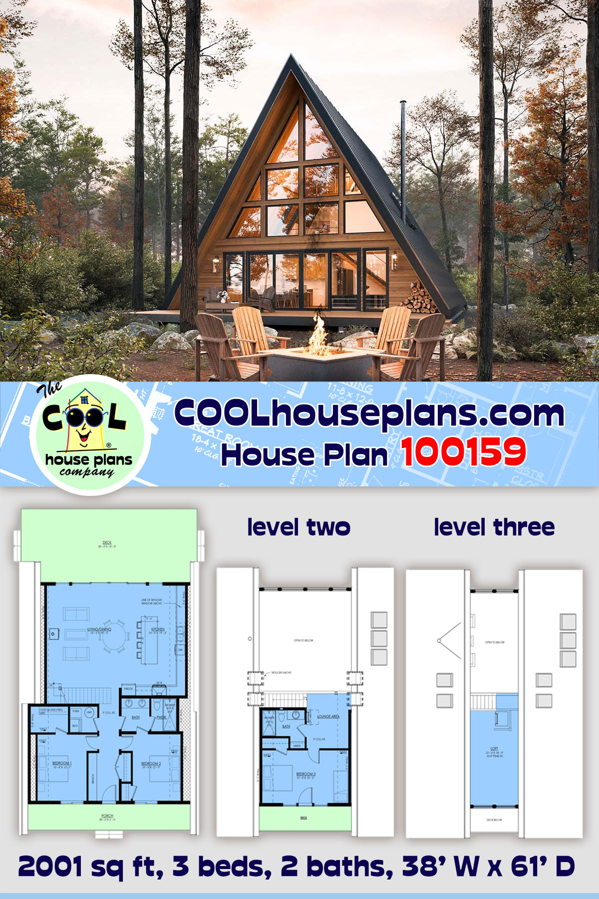 A-Frame, Cabin, Contemporary, Cottage House Plan 100159 with 3 Beds, 2 Baths