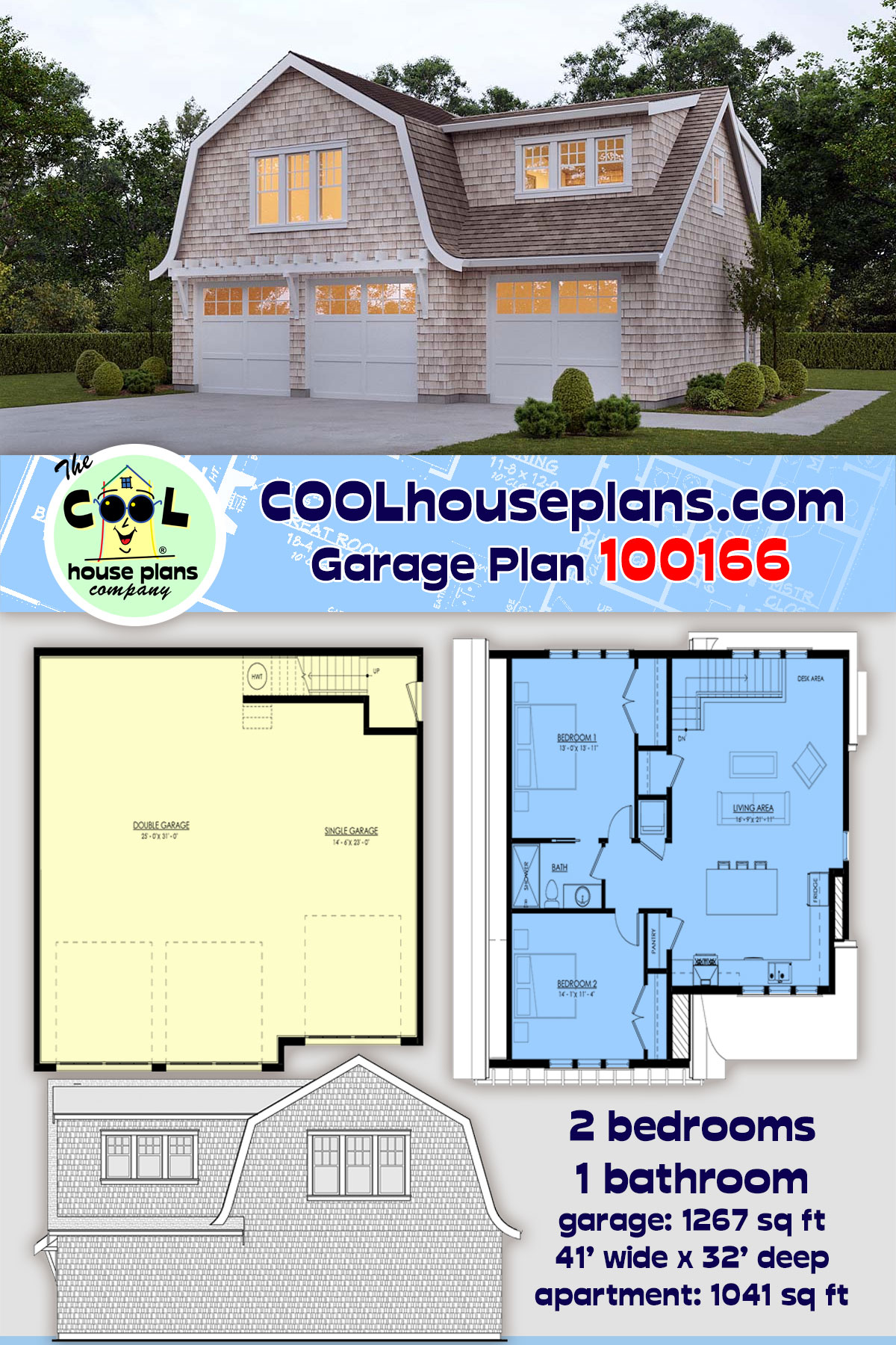 Cape Cod, Coastal, Cottage, Farmhouse Garage-Living Plan 100166 with 2 Beds, 1 Baths, 2 Car Garage