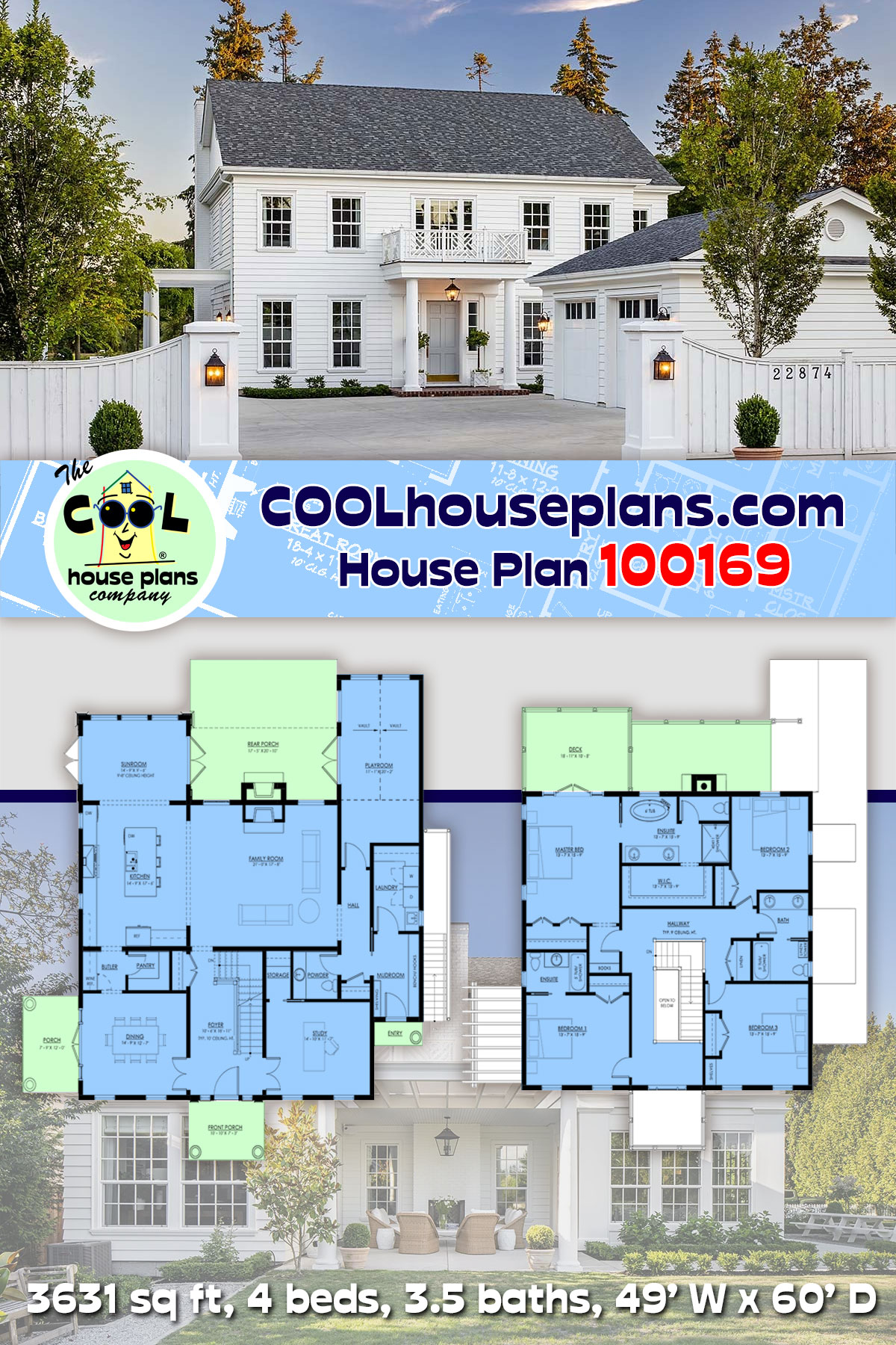 Colonial, Traditional House Plan 100169 with 4 Beds, 4 Baths, 2 Car Garage