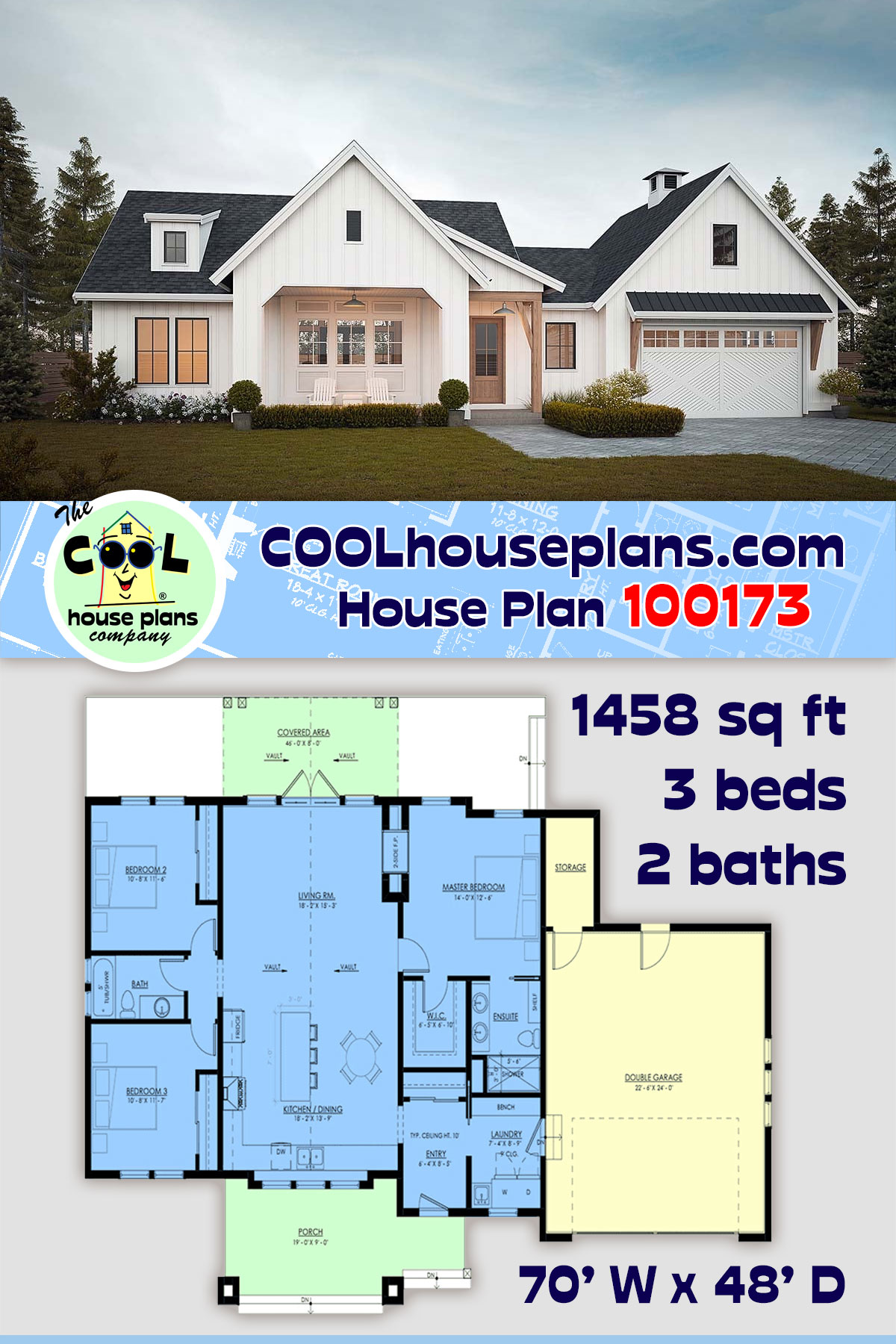 Farmhouse, New American, Ranch, Traditional House Plan 100173 with 3 Beds, 2 Baths, 2 Car Garage