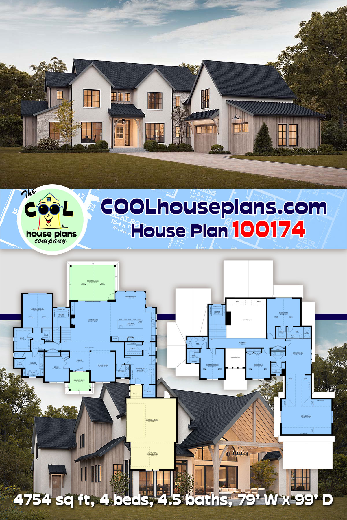 Contemporary, Farmhouse House Plan 100174 with 4 Beds, 5 Baths, 3 Car Garage