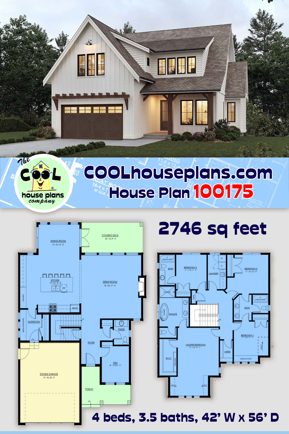 Craftsman, Farmhouse, New American, Traditional House Plan 100175 with 4 Beds, 4 Baths, 2 Car Garage