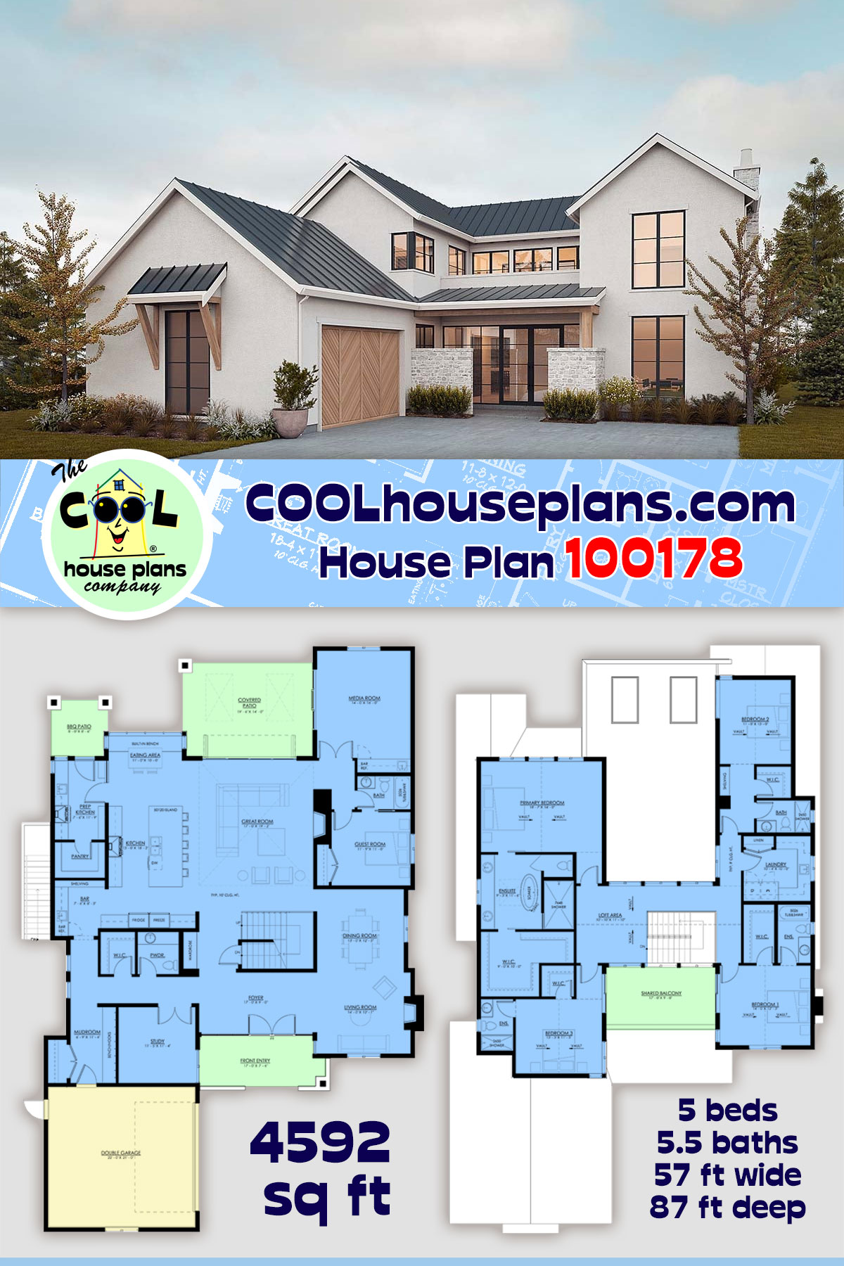 Contemporary, Farmhouse, New American House Plan 100178 with 5 Beds, 6 Baths, 2 Car Garage