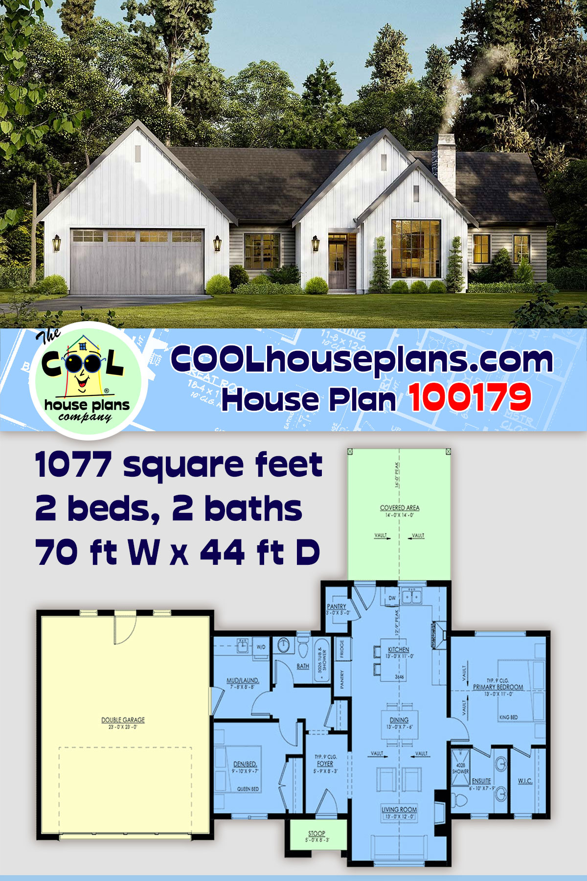 Country, Farmhouse, Ranch House Plan 100179 with 2 Beds, 2 Baths, 2 Car Garage
