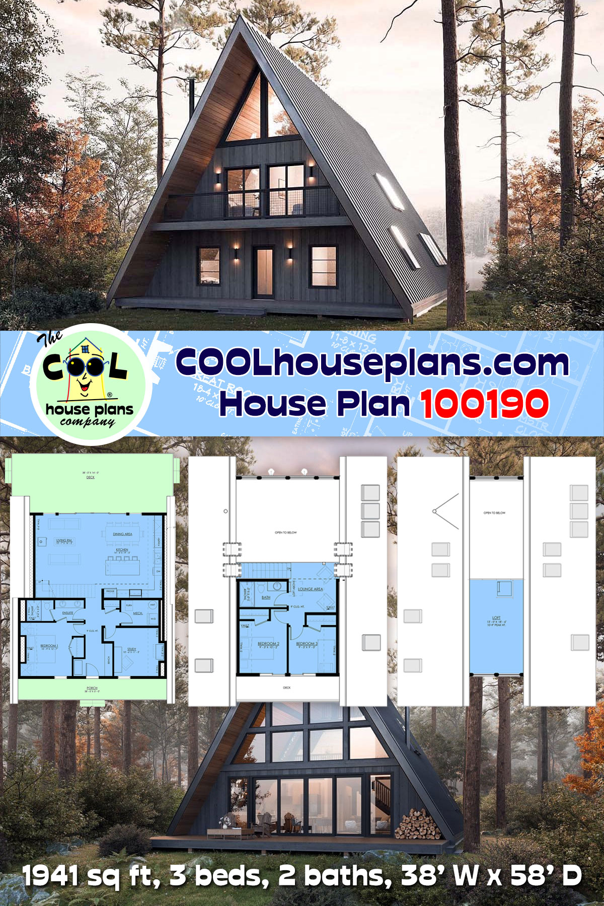 A-Frame, Cabin, Coastal, Cottage House Plan 100190 with 3 Beds, 2 Baths