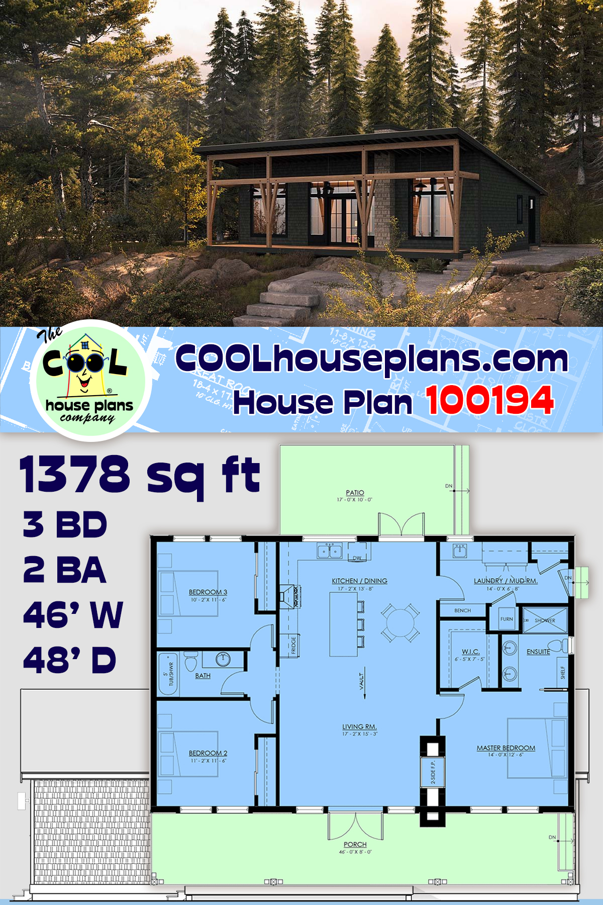 Cabin, Cottage, Country House Plan 100194 with 3 Beds, 2 Baths