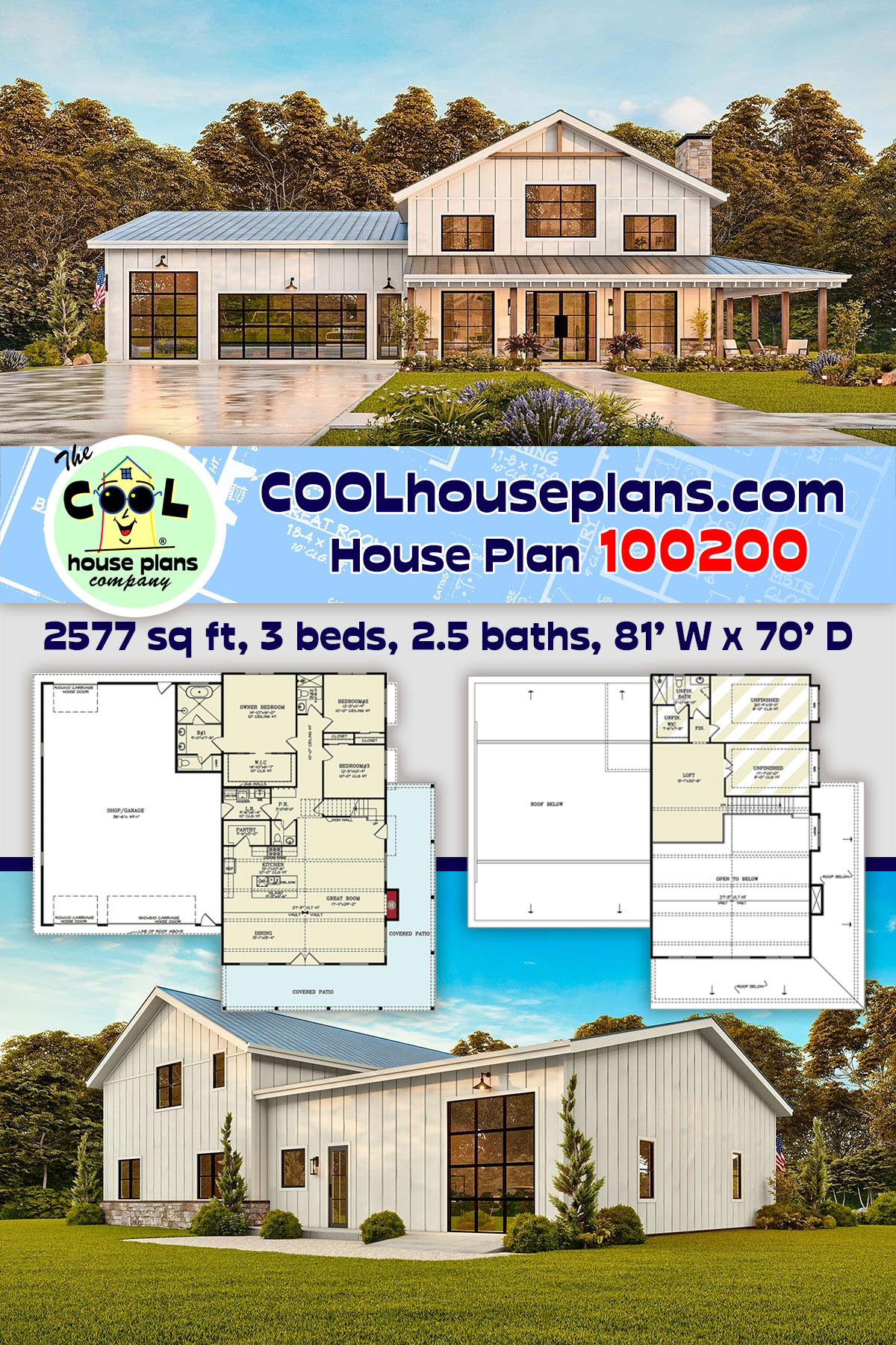 Barndominium, Contemporary, Country, Farmhouse House Plan 100200 with 3 Beds, 3 Baths, 3 Car Garage
