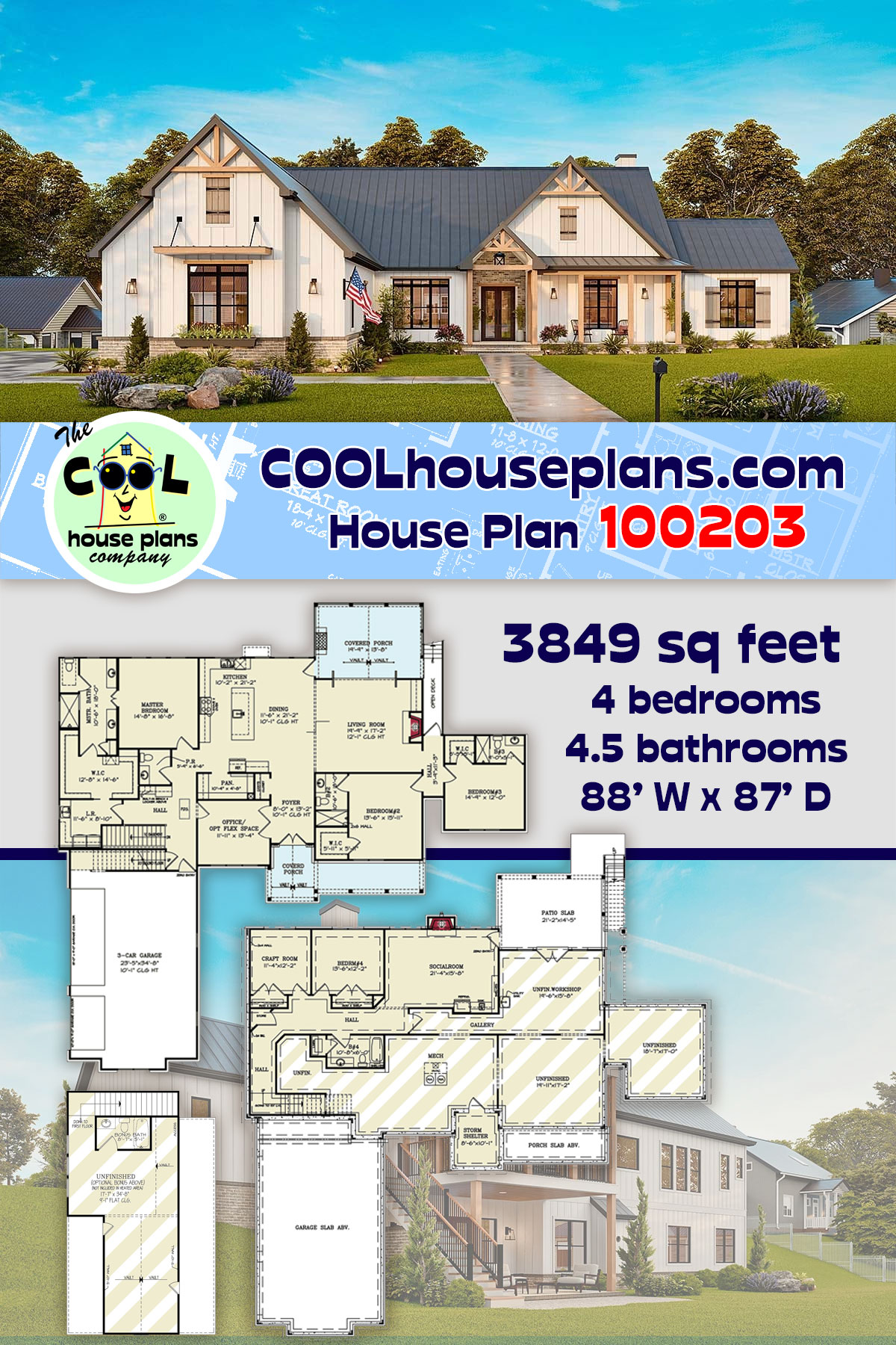 Craftsman, New American House Plan 100203 with 4 Beds, 5 Baths, 3 Car Garage