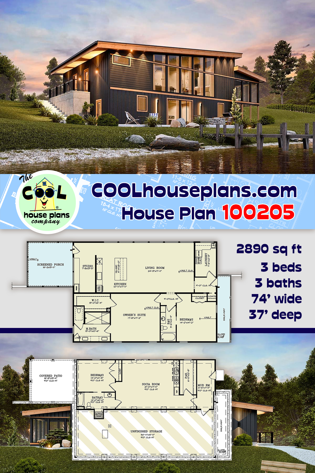 Coastal, Contemporary House Plan 100205 with 3 Beds, 3 Baths