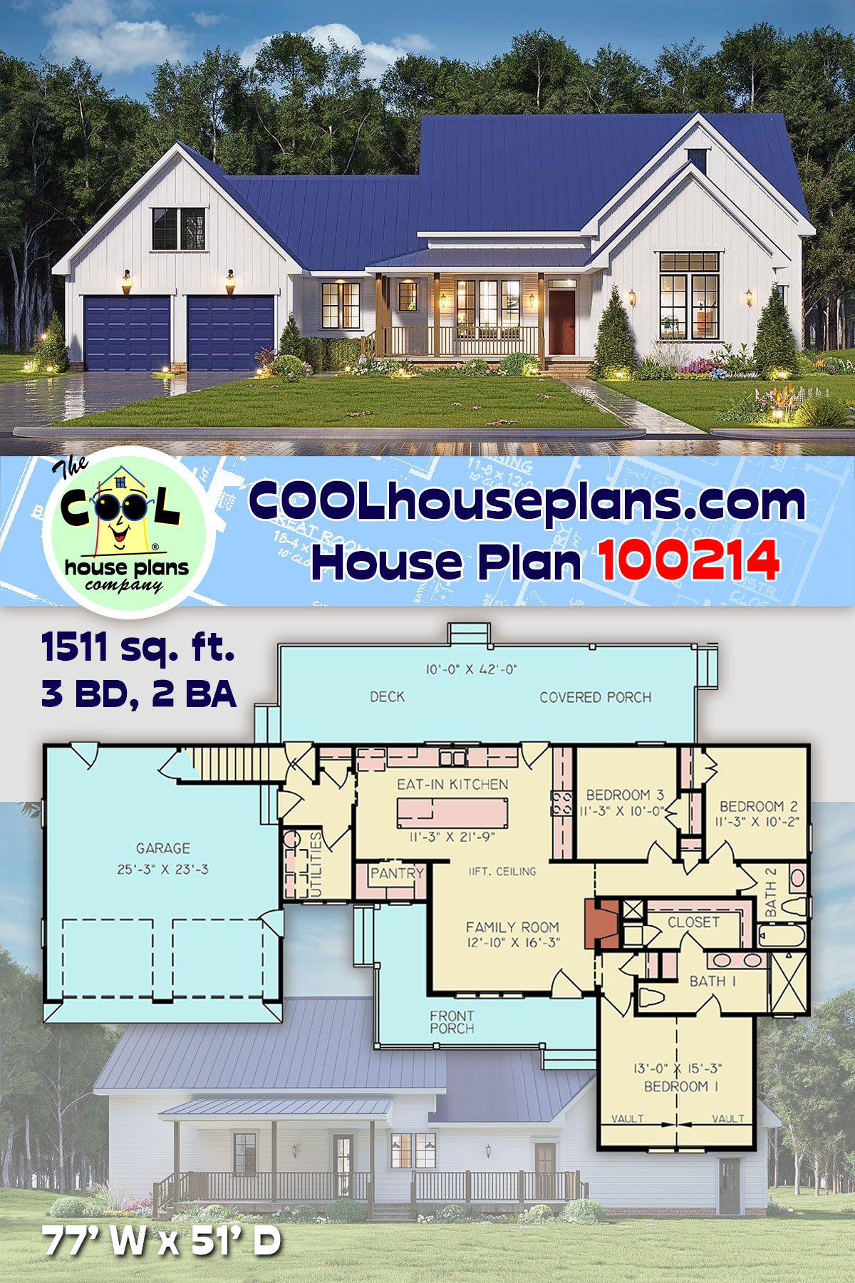 Farmhouse, Traditional House Plan 100214 with 3 Beds, 2 Baths, 2 Car Garage
