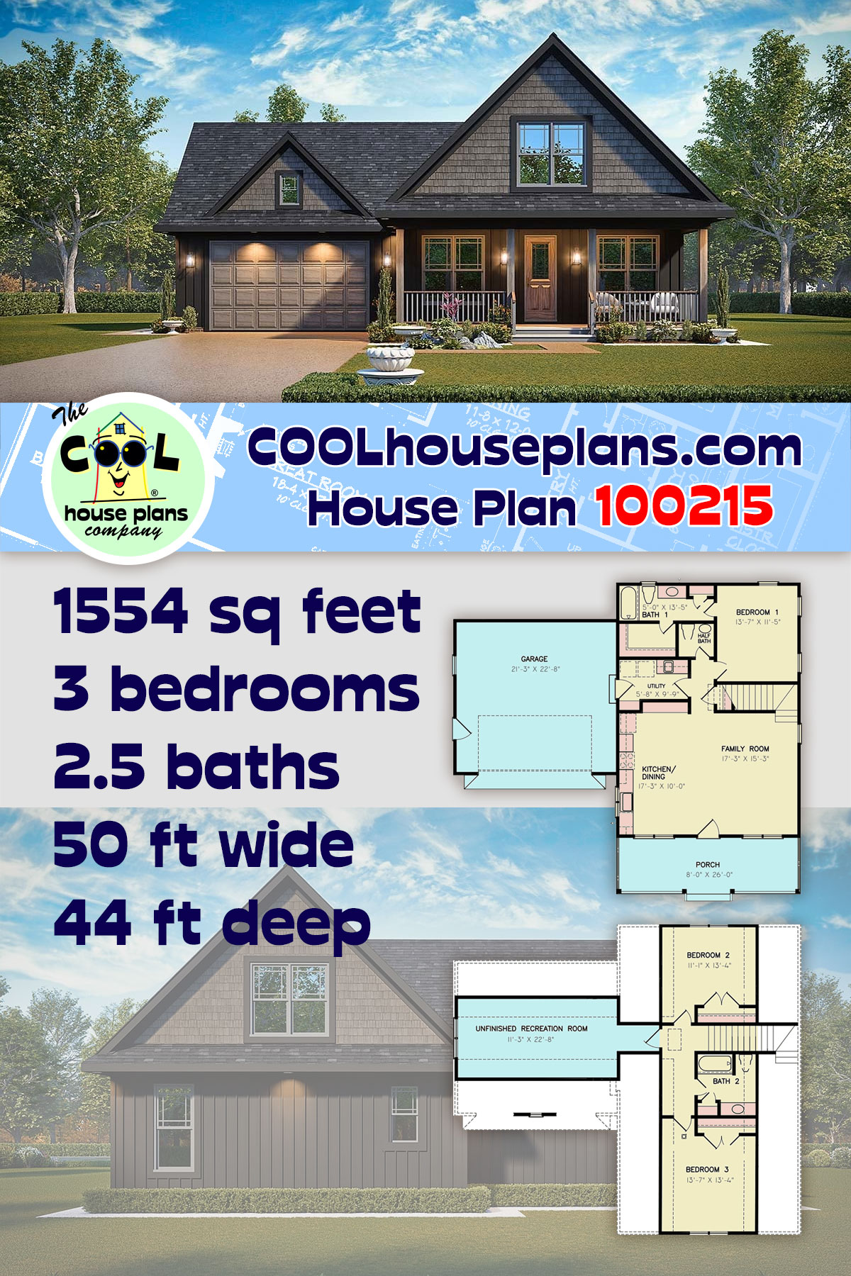 Bungalow, Craftsman House Plan 100215 with 3 Beds, 3 Baths, 2 Car Garage