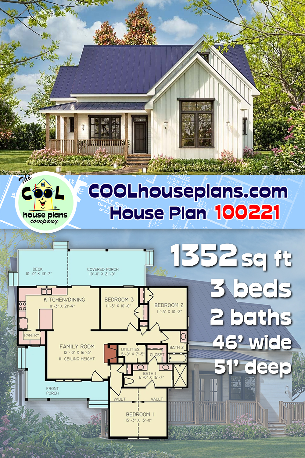 Country, Farmhouse, Traditional House Plan 100221 with 3 Beds, 2 Baths