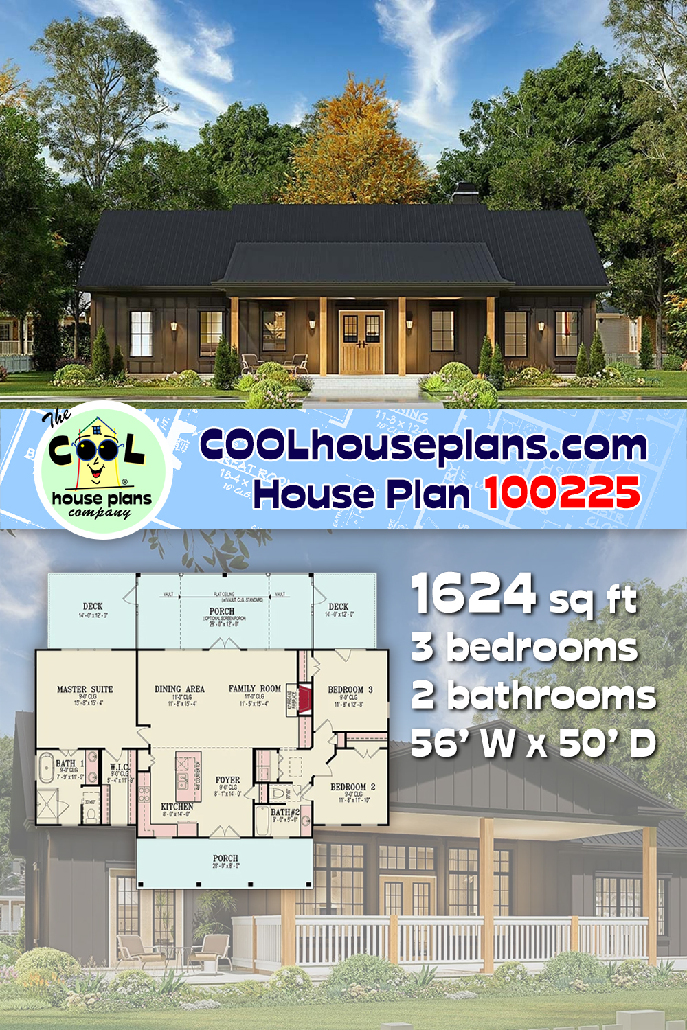 Cottage, Country, Ranch, Traditional House Plan 100225 with 3 Beds, 2 Baths