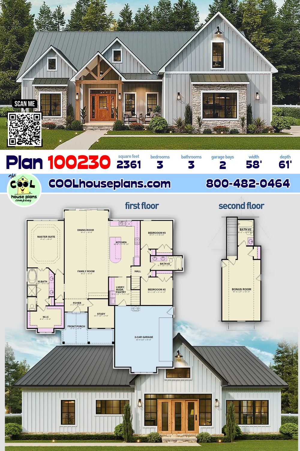 Contemporary, Country, Craftsman, Farmhouse House Plan 100230 with 3 Beds, 3 Baths, 2 Car Garage