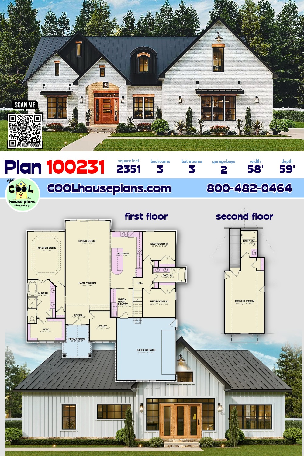 Contemporary, Craftsman, European House Plan 100231 with 3 Beds, 3 Baths, 2 Car Garage