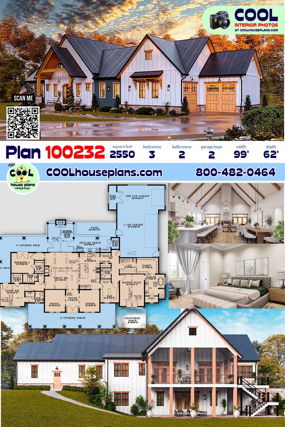 Contemporary, Farmhouse House Plan 100232 with 3 Beds, 2 Baths, 2 Car Garage