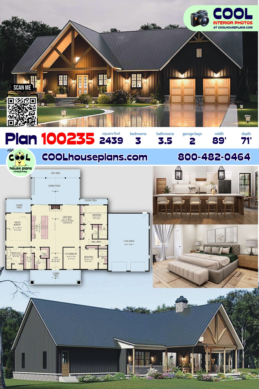 Contemporary, Craftsman, Farmhouse, New American House Plan 100235 with 3 Beds, 4 Baths, 2 Car Garage