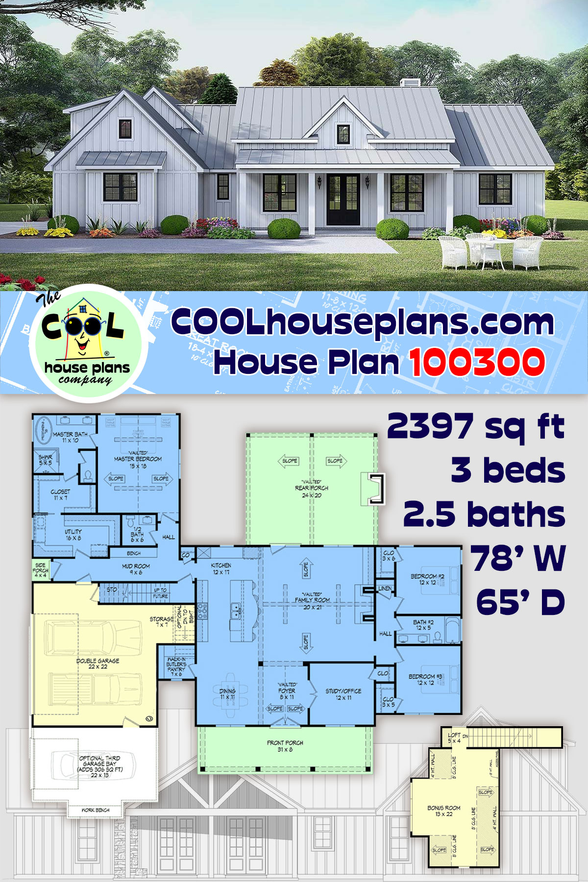 Country, Farmhouse, Ranch House Plan 100300 with 3 Beds, 3 Baths, 2 Car Garage