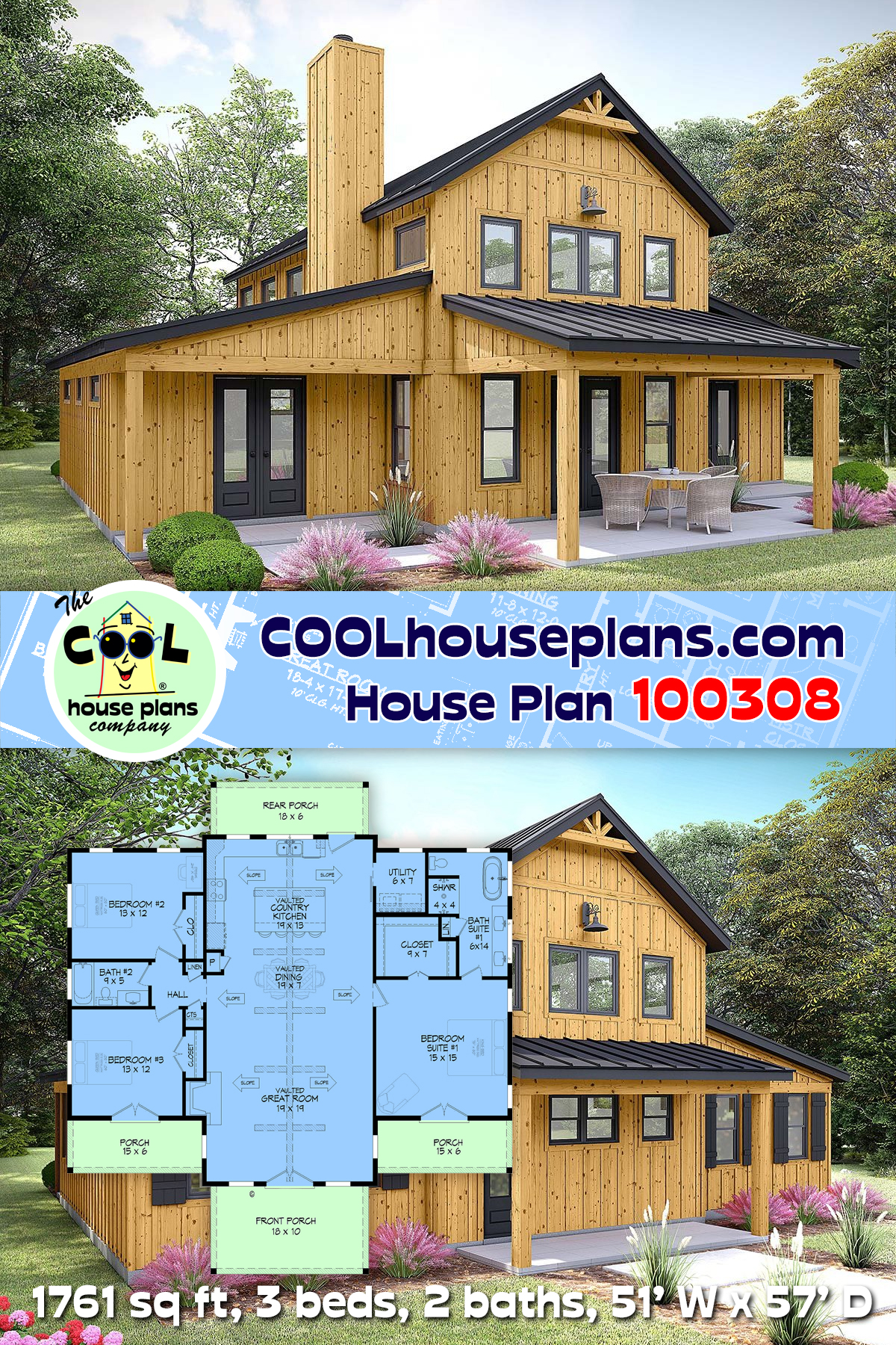 Barndominium, Country, Farmhouse House Plan 100308 with 3 Beds, 2 Baths