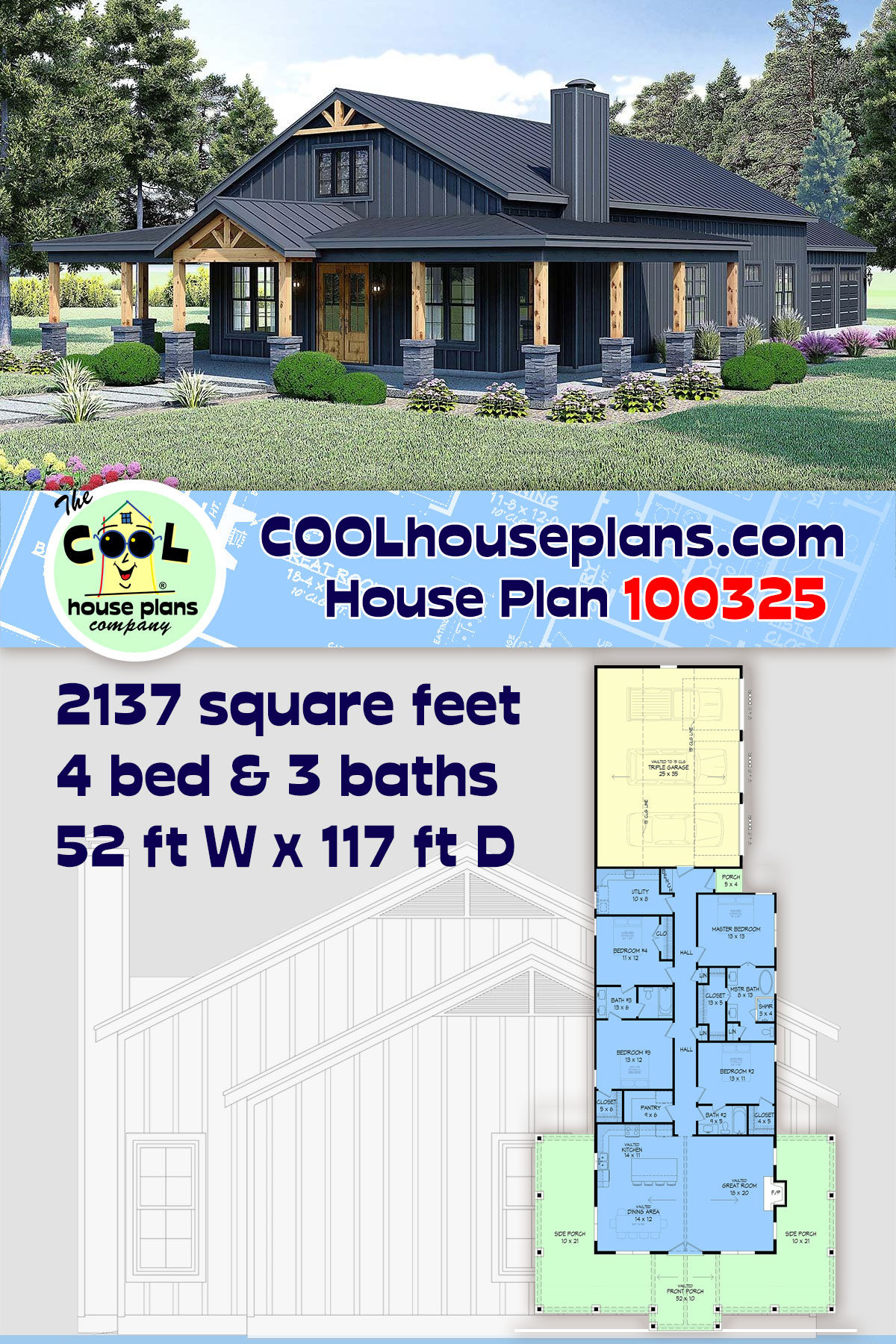 Country, Farmhouse House Plan 100325 with 4 Beds, 3 Baths, 3 Car Garage