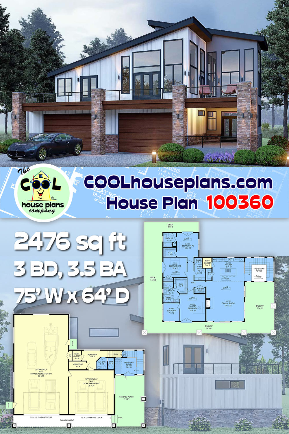 Coastal, Contemporary, Modern House Plan 100360 with 3 Beds, 4 Baths, 6 Car Garage