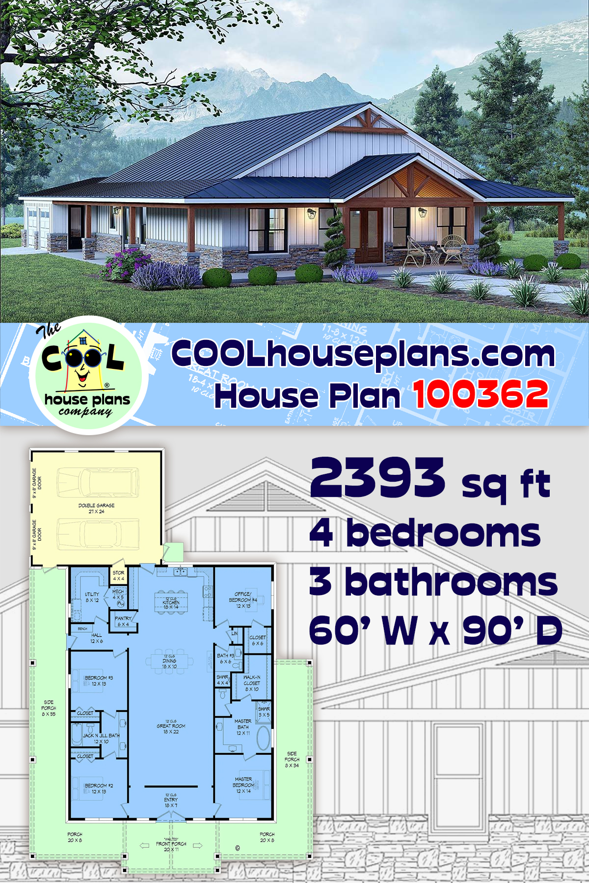 Barndominium, Country, Farmhouse, Ranch House Plan 100362 with 4 Beds, 3 Baths, 2 Car Garage