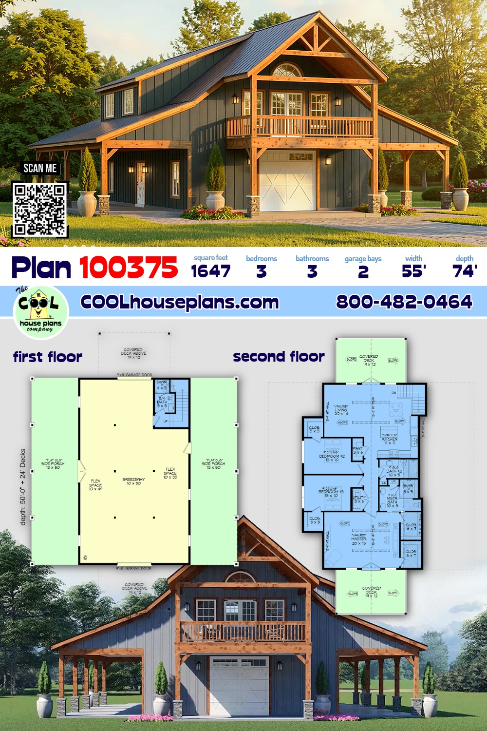 Barndominium, Country, Craftsman, Farmhouse Garage-Living Plan 100375 with 3 Beds, 3 Baths, 2 Car Garage