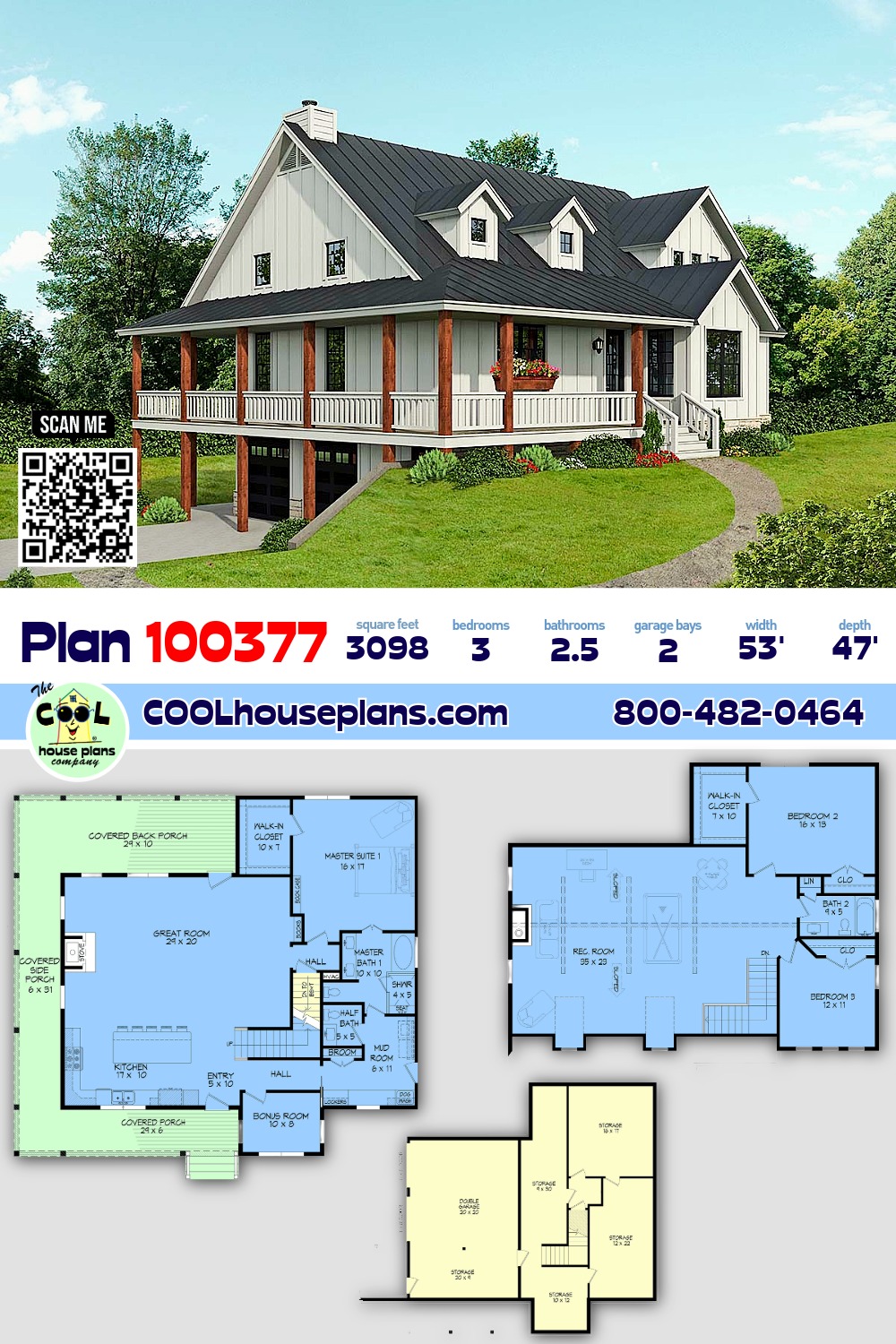 Country, Farmhouse House Plan 100377 with 3 Beds, 3 Baths, 2 Car Garage