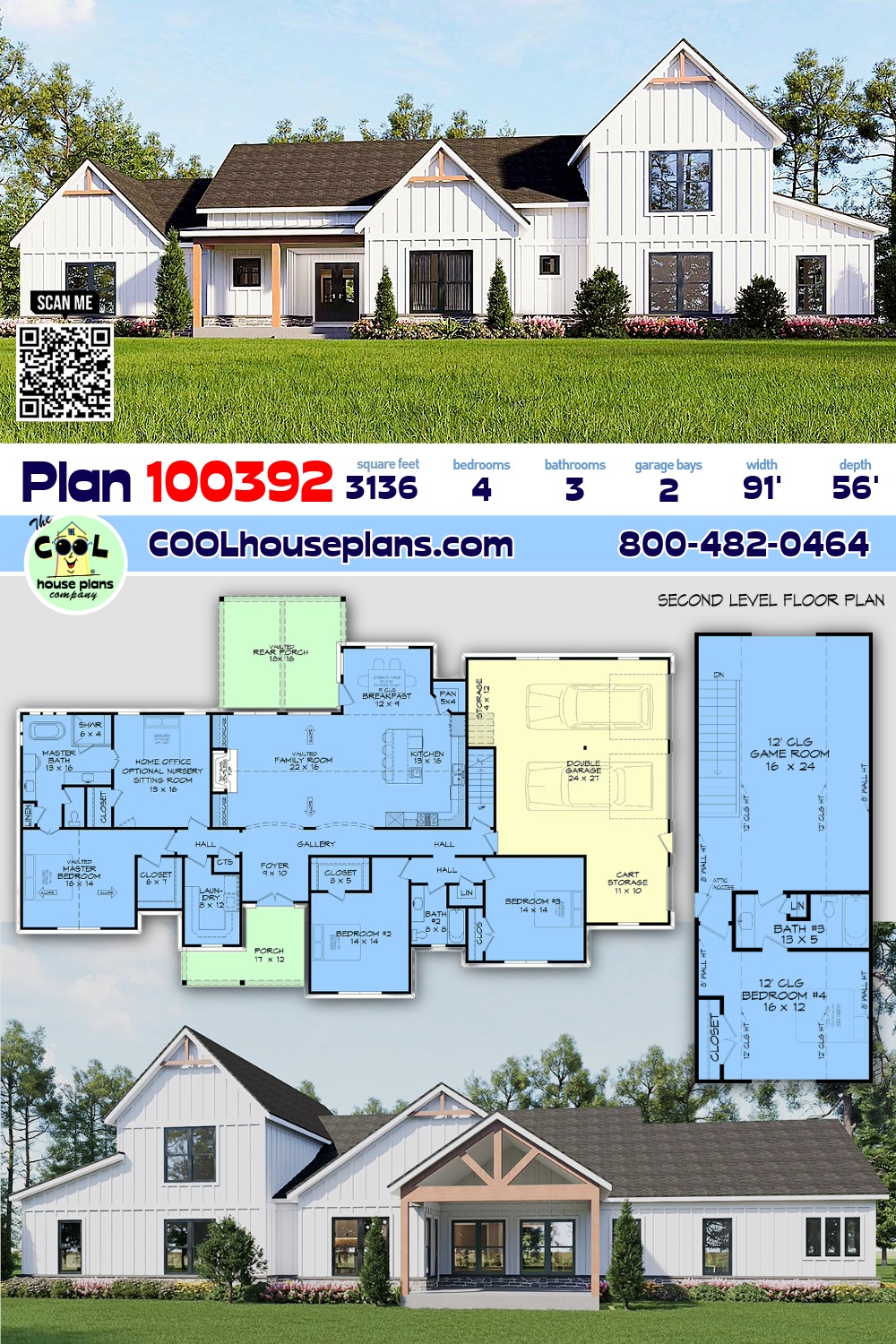 Contemporary, Farmhouse, New American House Plan 100392 with 4 Beds, 3 Baths, 2 Car Garage