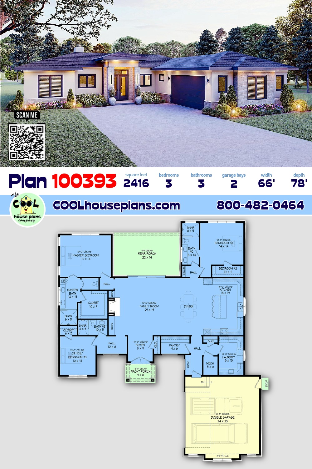 Contemporary, Prairie House Plan 100393 with 3 Beds, 3 Baths, 2 Car Garage