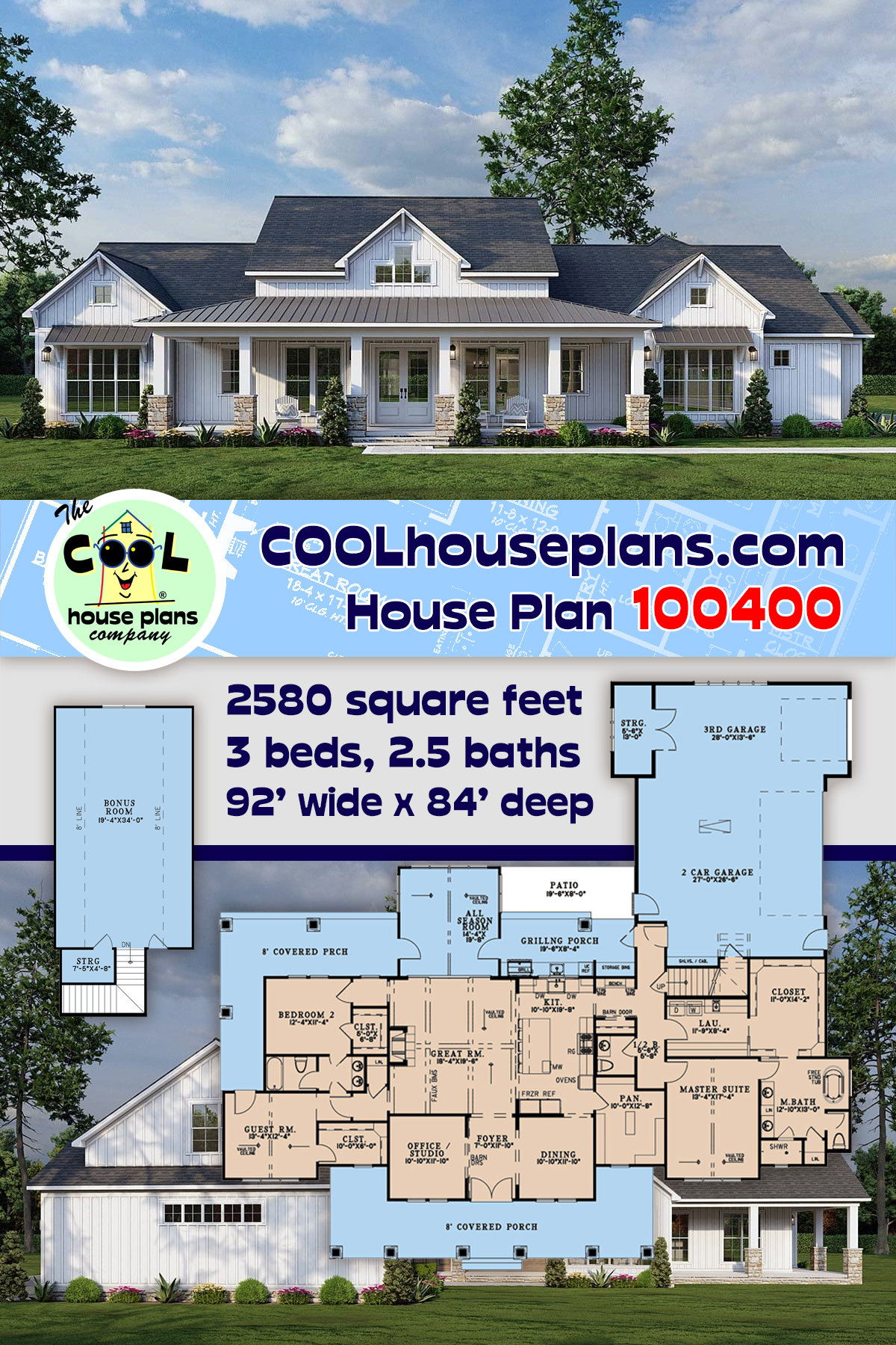 Country, Farmhouse, Southern House Plan 100400 with 3 Beds, 3 Baths, 3 Car Garage