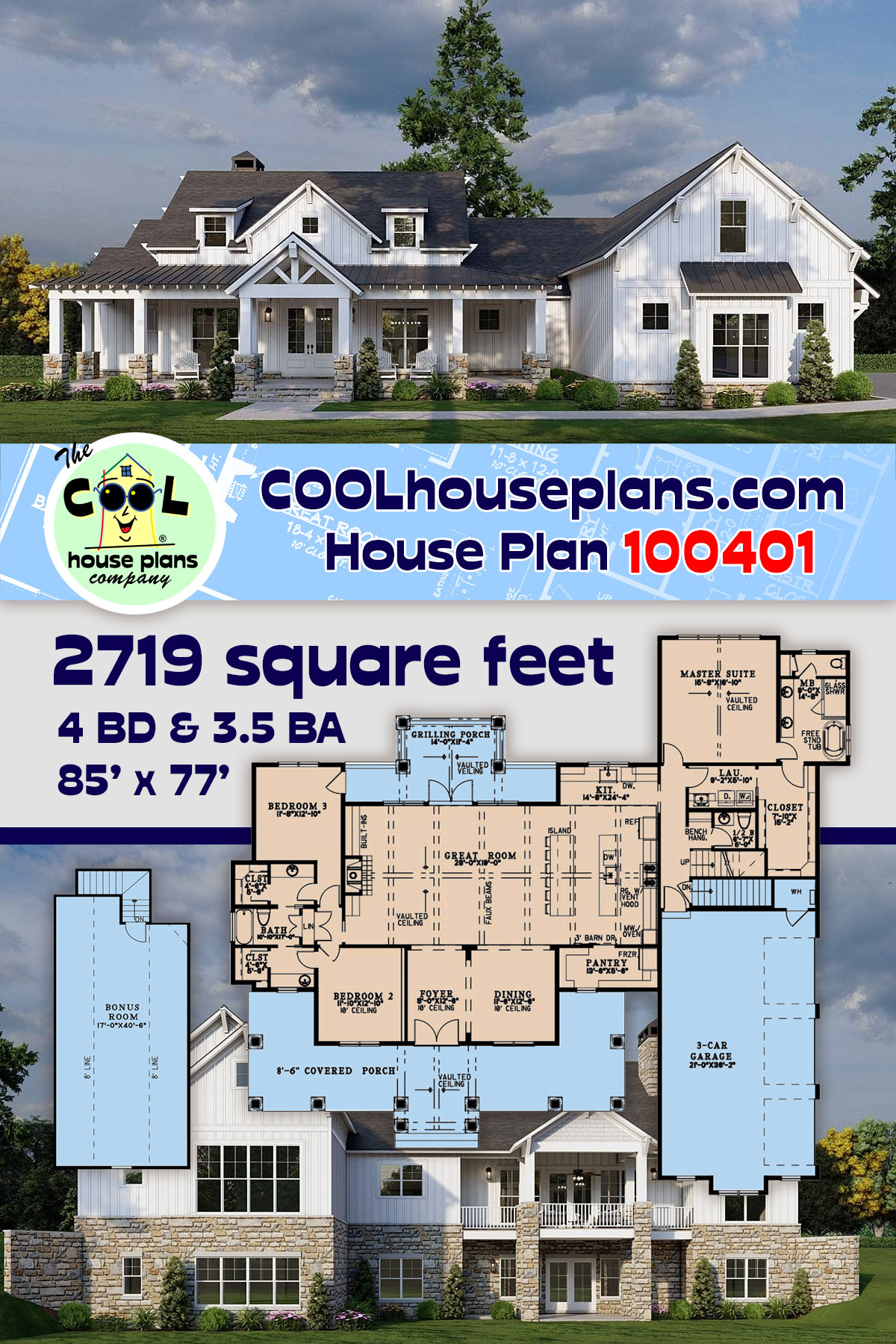 Contemporary, Country, Farmhouse, New American House Plan 100401 with 4 Beds, 4 Baths, 3 Car Garage