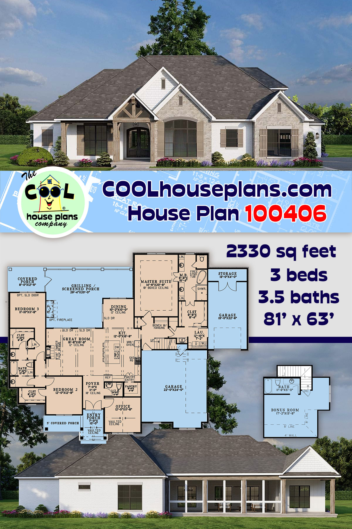 Craftsman, French Country, New American House Plan 100406 with 3 Beds, 4 Baths, 3 Car Garage