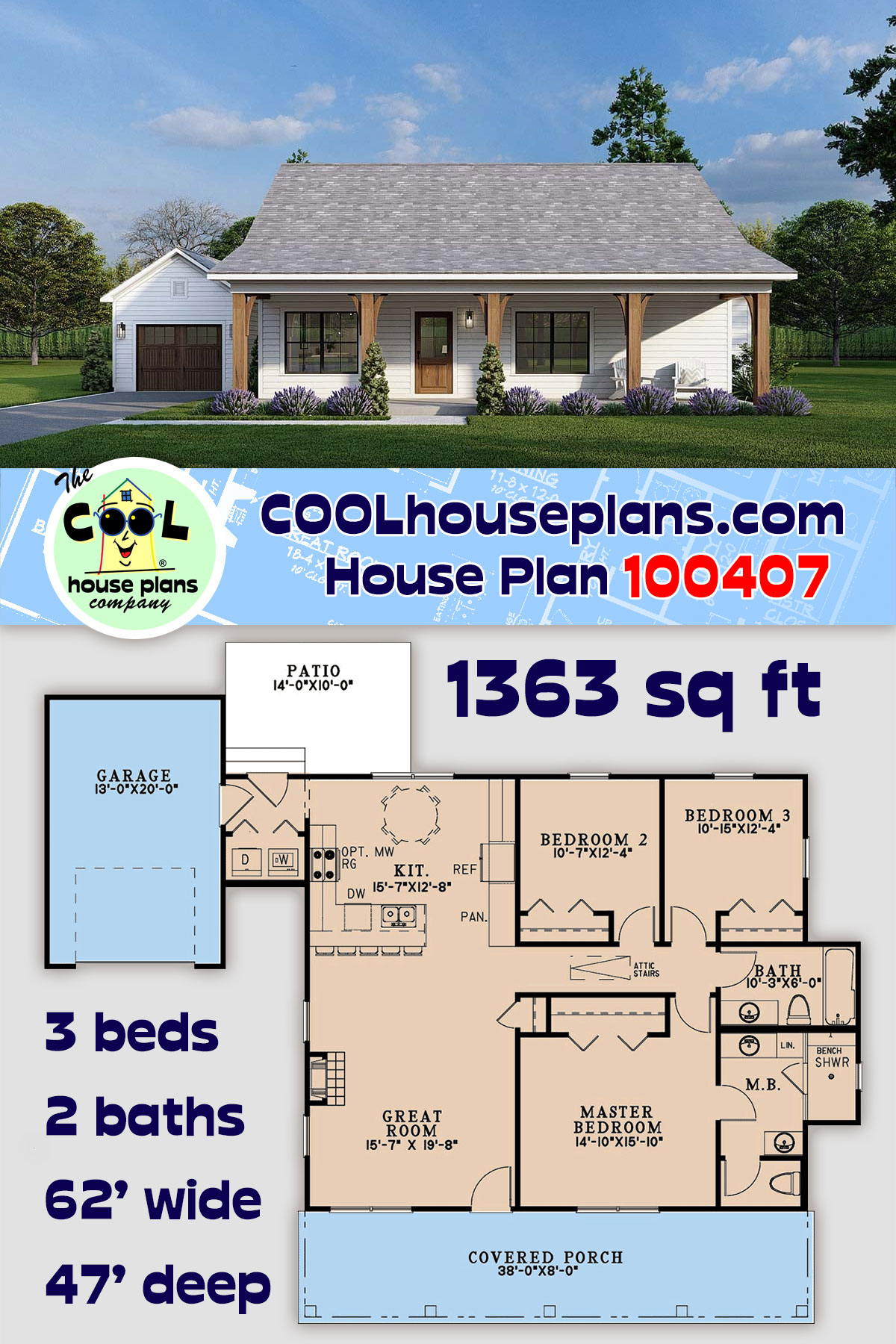 Country, Farmhouse, Ranch House Plan 100407 with 3 Beds, 2 Baths, 1 Car Garage