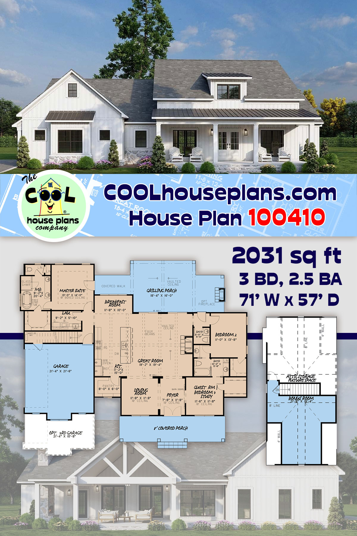 Country, Craftsman, Farmhouse House Plan 100410 with 3 Beds, 3 Baths, 2 Car Garage